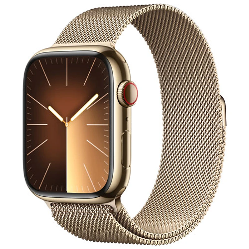 Apple Watch Series 9 (GPS + Cellular) avec boîtier de 45 mm en acier inoxydable doré et bracelet milanais doré par TELUS - Grand - Financement mensuel