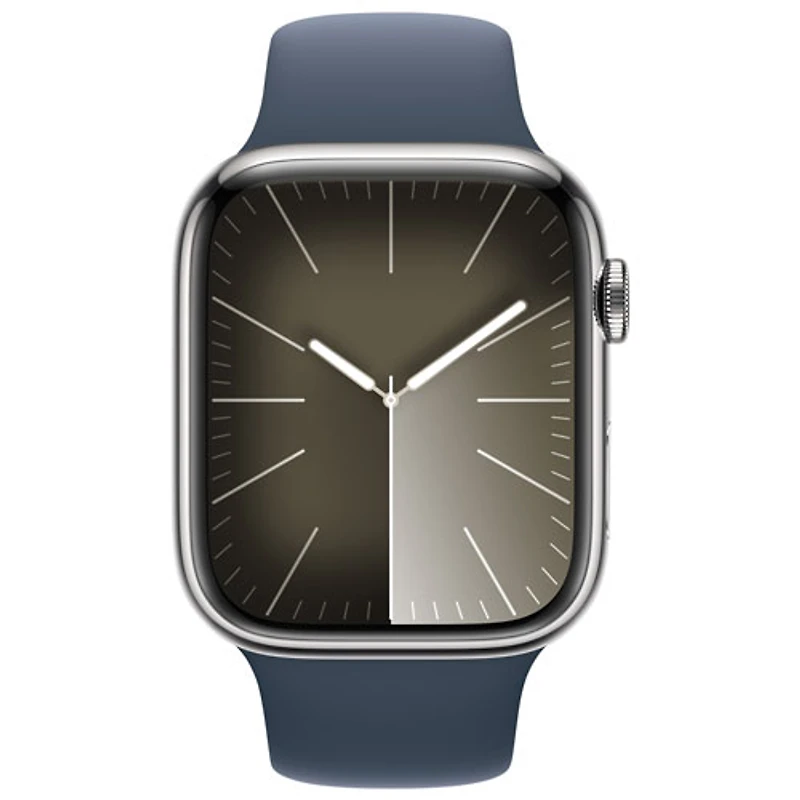 Apple Watch Series 9 (GPS + Cellular) avec boîtier de 45 mm en acier inoxydable argenté et bracelet sport bleu tempête par Rogers - Petit/Moyen - Financement mensuel