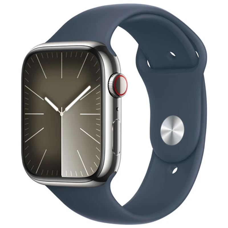 Apple Watch Series 9 (GPS + Cellular) avec boîtier de 45 mm en acier inoxydable argenté et bracelet sport bleu tempête par TELUS - Petit/Moyen - Financement mensuel