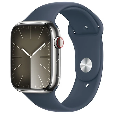 Apple Watch Series 9 (GPS + Cellular) avec boîtier de 45 mm en acier inoxydable argenté et bracelet sport bleu tempête par TELUS - Petit/Moyen - Financement mensuel