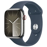 Apple Watch Series 9 (GPS + Cellular) avec boîtier de 45 mm en acier inoxydable argenté et bracelet sport bleu tempête par TELUS - Petit/Moyen - Financement mensuel