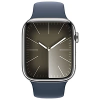 Apple Watch Series 9 (GPS + Cellular) avec boîtier de 45 mm en acier inoxydable argenté et bracelet sport bleu tempête par TELUS - Petit/Moyen - Financement mensuel