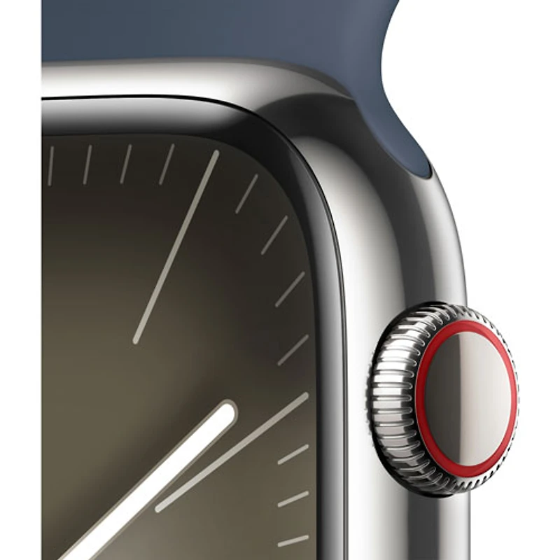 Apple Watch Series 9 (GPS + Cellular) avec boîtier de 45 mm en acier inoxydable argenté et bracelet sport bleu tempête par TELUS - Petit/Moyen - Financement mensuel