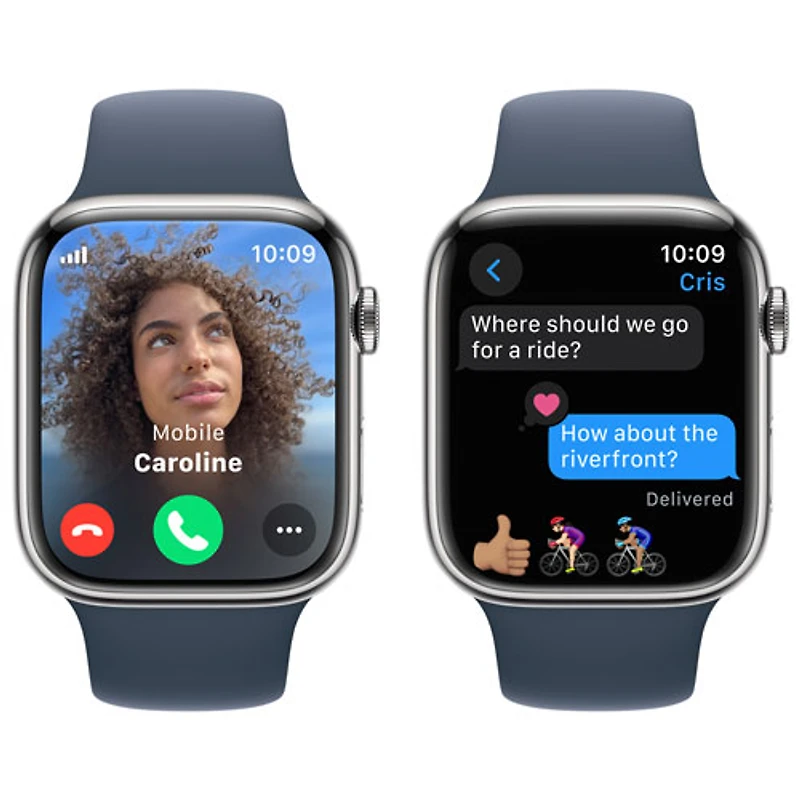 Apple Watch Series 9 (GPS + Cellular) avec boîtier de 45 mm en acier inoxydable argenté et bracelet sport bleu tempête par TELUS - Petit/Moyen - Financement mensuel