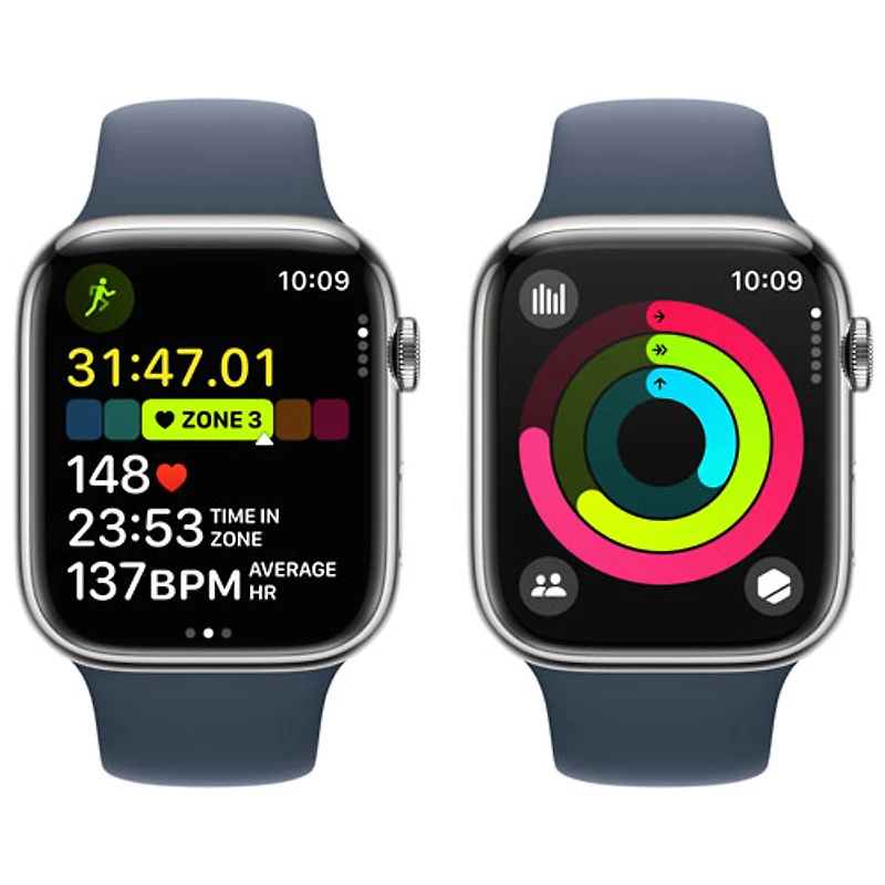 Apple Watch Series 9 (GPS + Cellular) avec boîtier de 45 mm en acier inoxydable argenté et bracelet sport bleu tempête par TELUS - Petit/Moyen - Financement mensuel