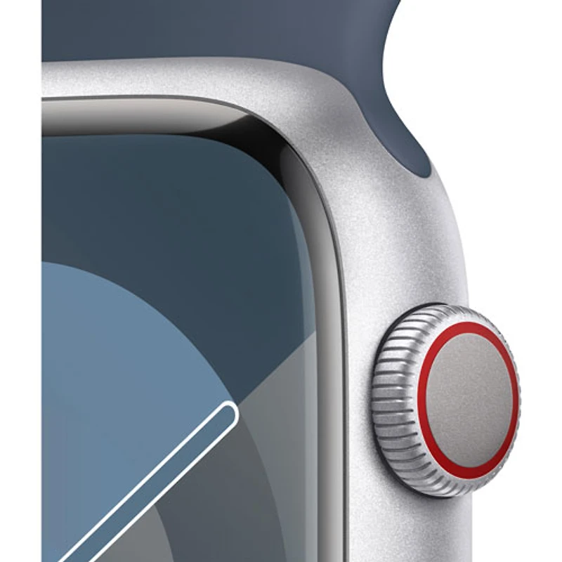 Apple Watch Series 9 (GPS + Cellular) avec boîtier de 45 mm en aluminium argenté et bracelet sport bleu tempête par Bell - Moyen/Grand - Financement mensuel