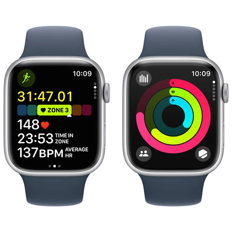 Apple Watch Series 9 (GPS + Cellular) avec boîtier de 45 mm en aluminium argenté et bracelet sport bleu tempête par TELUS - Petit/Moyen - Financement mensuel