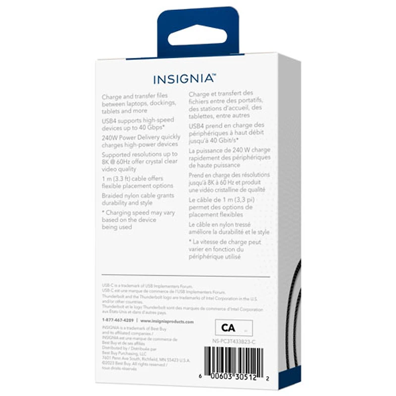 Insignia 1m (3.3 ft.) Braided Thunderbolt 4 USB-C to USB-C Cable (NS-PC3T433B23-C) - Black