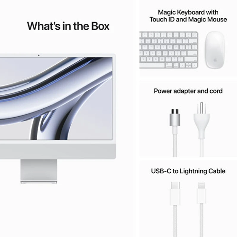 iMac de 24 po d'Apple (automne 2023) - Argenté (puce M3 d'Apple/processeur graphique 10 coeurs/SSD Go/RAM 8 Go