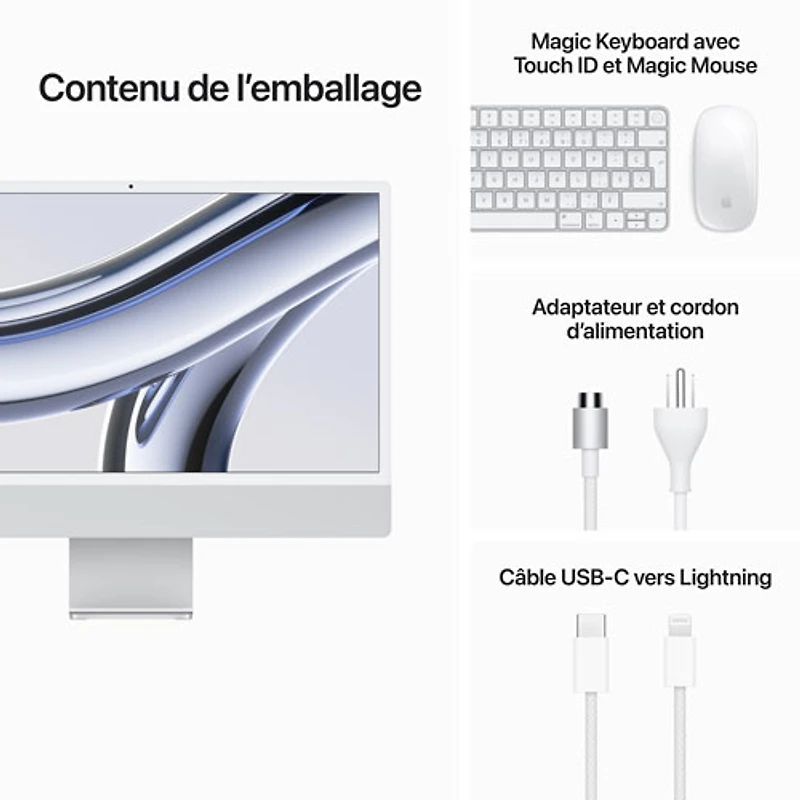iMac de 24 po d'Apple (automne 2023) - Argenté (puce M3 d'Apple/processeur graphique 10 coeurs/SSD Go/RAM 8 Go