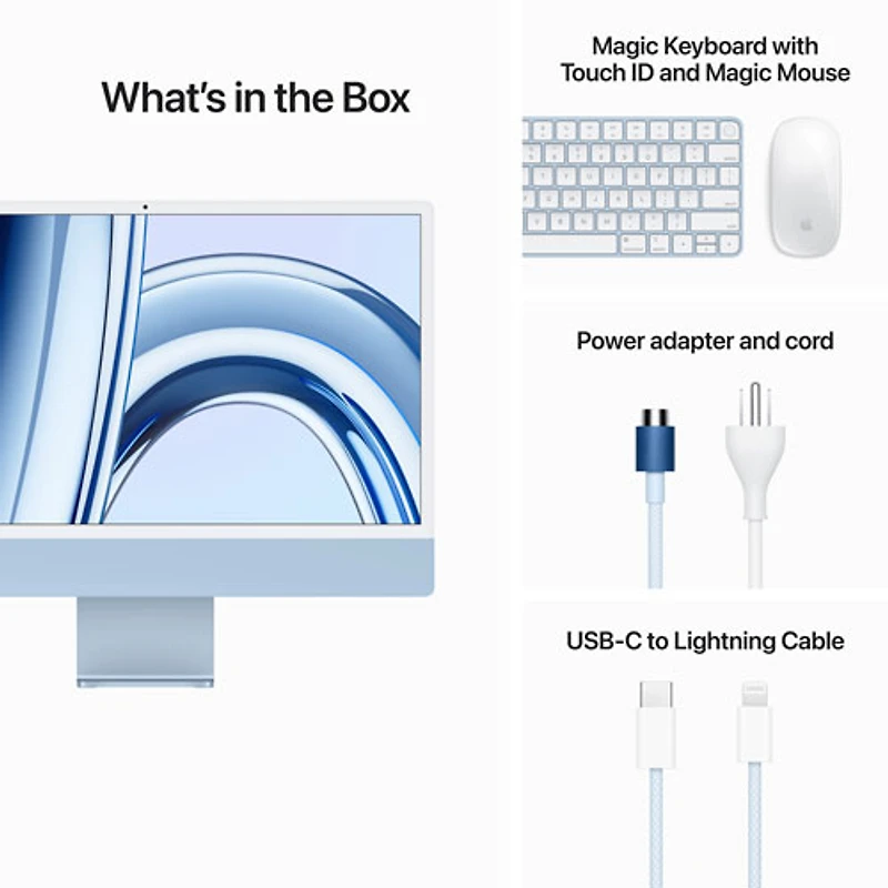 iMac de 24 po d'Apple (automne 2023) - Bleu (puce M3 d'Apple/processeur graphique 10 coeurs/SSD 512 Go/RAM 8 Go) - Anglais