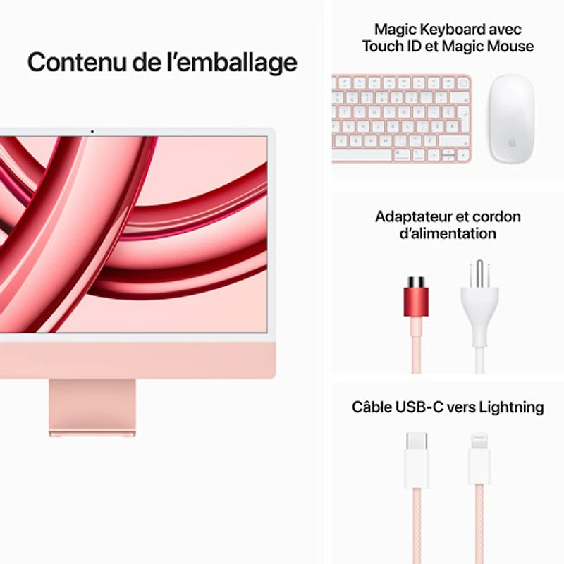 iMac de 24 po d'Apple (automne 2023) - Rose (puce M3 d'Apple/processeur graphique 10 coeurs/SSD 256 Go/RAM 8 Go) - Anglais