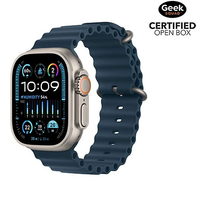 Boîte ouverte - Apple Watch Ultra 2 (GPS + Cellular) avec boîtier de 49 mm en titane et bracelet Océan bleu