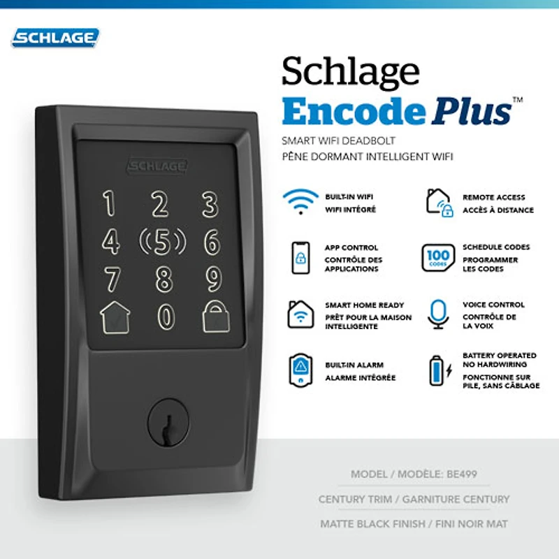 Serrure intelligente à pêne dormant Wi-Fi Encode Plus de Schlage - Noir mat