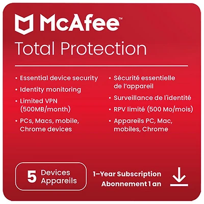 McAfee Total Protection (PC/Mac/Android/iOS) - 5 appareils - 1 an - Téléchargement numérique