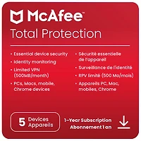 McAfee Total Protection (PC/Mac/Android/iOS) - 5 appareils - 1 an - Téléchargement numérique