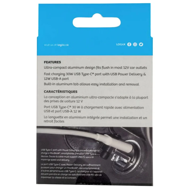 Chargeur pour l'auto USB-C/USB-A PD 30 W Power Lite 30 Duo de LOGiiX - Noir