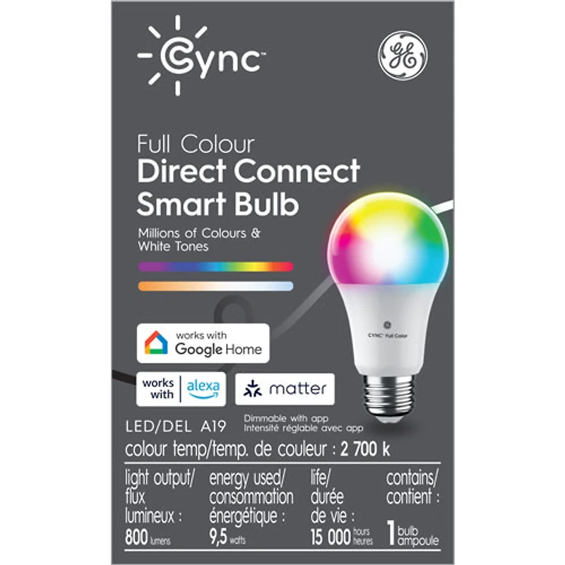 GE Cync A19 Smart LED Light Bulb with Matter Compatibility - Multi-Colour