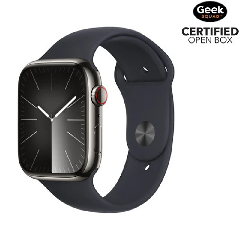Boîte ouverte - Apple Watch Series 9 (GPS+ Cellulaire) de 45 mm avec boîtier en acier inoxydable graphite avec bracelet sport minuit - Petit/Moyen