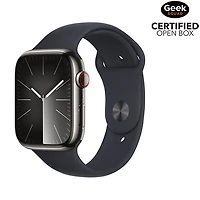 Boîte ouverte - Apple Watch Series 9 (GPS+ Cellulaire) de 45 mm avec boîtier en acier inoxydable graphite avec bracelet sport minuit - Petit/Moyen