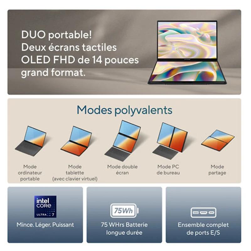 Portable tactile DELO 14 po Zenbook DUO d'ASUS - Gris (Core Ultra 7 EVO d'Intel/SSD 1 To/RAM 16 Go) - Anglais