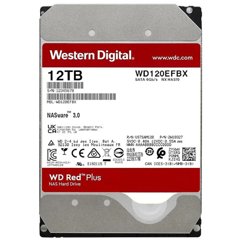 WD Red Plus 12TB 3.5" 7200RPM SATA Internal NAS Hard Drive (WD120EFBX)