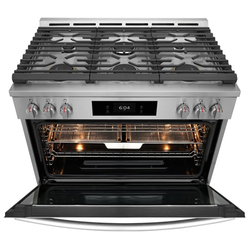Cuisinière gaz de 36 po avec 6 brûleurs, convection véritable, friture à l'air chaud, four de 4,6 pi³ Pro de Frigidaire (GCFG3661AF) - Inox