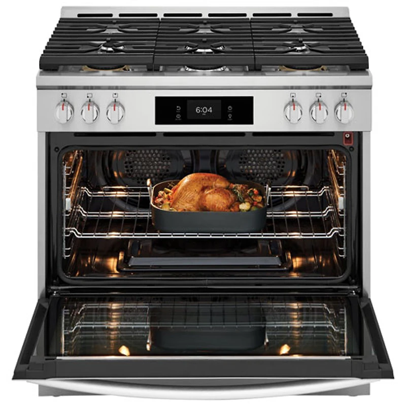 Cuisinière gaz de 36 po avec 6 brûleurs, convection véritable, friture à l'air chaud, four de 4,6 pi³ Pro de Frigidaire (GCFG3661AF) - Inox