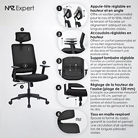Fauteuil de bureau en filet ergonomique avec appuie-tête Expert de Naz - Noir
