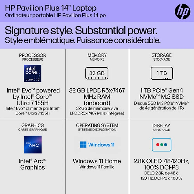 Portable de 14 po Pavilion Plus de HP (Core Ultra 7 d'Intel avec Evo d'Intel/RAM 32 Go/SSD 1 To)