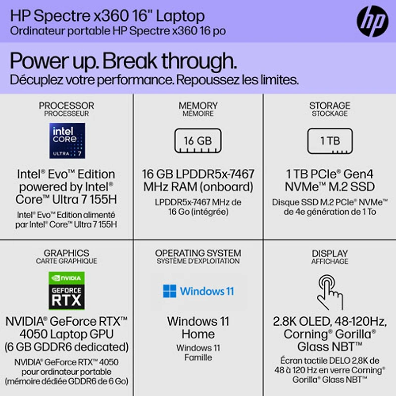 Portable 2-en-1 à écran tactile de 16 po Spectre de HP (Core Ultra 7 avec Evo d'Intel/RAM 16 Go/SSD 1 To/RTX 4050)
