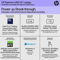 Portable 2-en-1 à écran tactile de 16 po Spectre de HP (Core Ultra 7 avec Evo d'Intel/RAM 16 Go/SSD 1 To/RTX 4050)