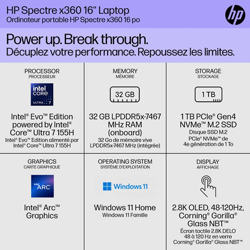 Portable 2-en-1 à écran tactile de 16 po Spectre de HP (Core Ultra 7 avec Evo d'Intel/RAM 32 Go/SSD 1 To/Arc d'Intel)