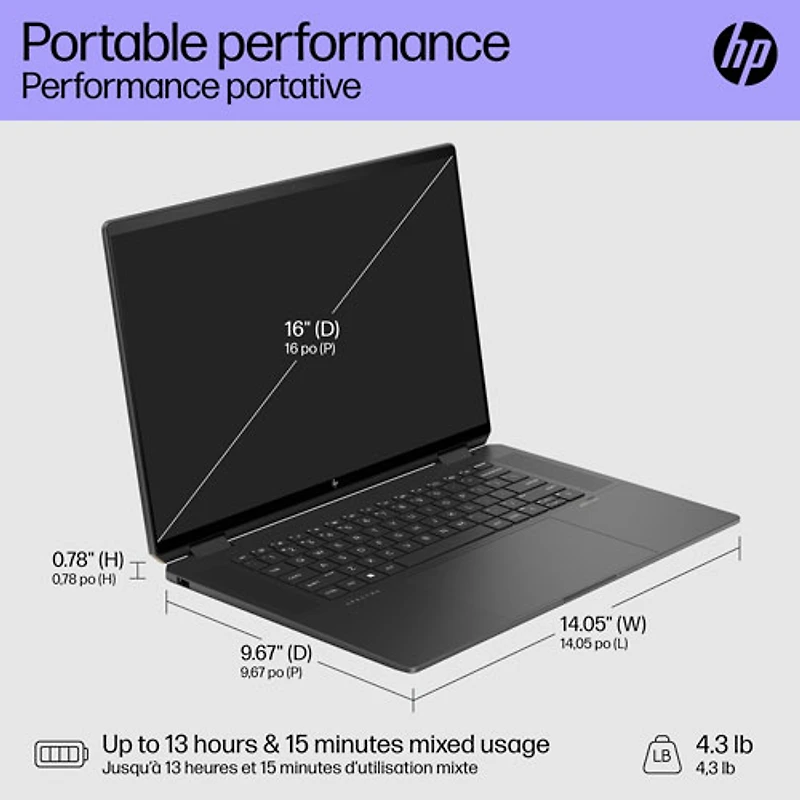 Portable 2-en-1 à écran tactile de 16 po Spectre de HP (Core Ultra 7 avec Evo d'Intel/RAM 32 Go/SSD 1 To/Arc d'Intel)