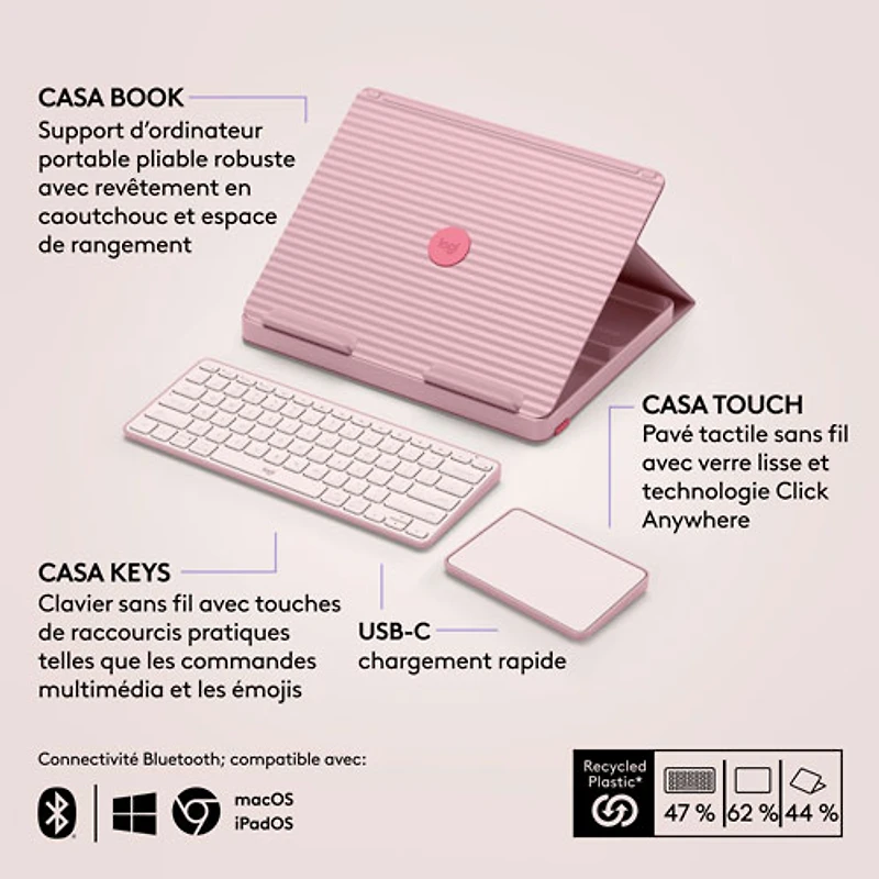 Ensemble bureau escamotable Casa de Logitech avec support pour portable, clavier et pavé tactile pour portable/MacBook (10 à 17 po) - Rose