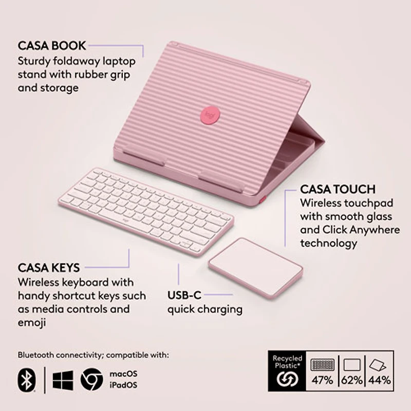 Ensemble bureau escamotable Casa de Logitech avec support pour portable, clavier et pavé tactile pour portable/MacBook (10 à 17 po) - Rose