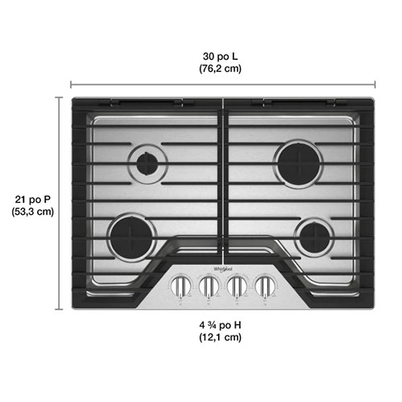 Surface de cuisson au gaz à 4 brûleurs de 30 po de Whirlpool (WCGK5030PS) - Acier inoxydable