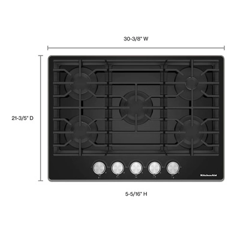 Surface de cuisson au gaz à 5 brûleurs de 30 po de KitchenAid (KCGG530PBL) - Noir
