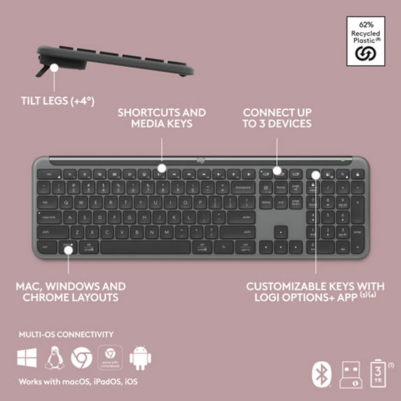 Ensemble avec clavier pleine grandeur et souris optique sans fil MK955 Signature Slim de Logitech - Anglais