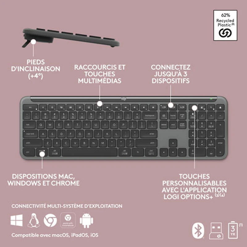 Ensemble avec clavier pleine grandeur et souris optique sans fil MK955 Signature Slim de Logitech - Anglais