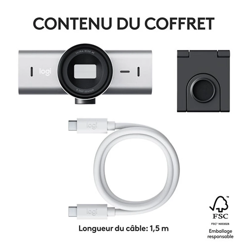 Caméra Web Ultra HD 4K MX Brio de Logitech - Gris pâle