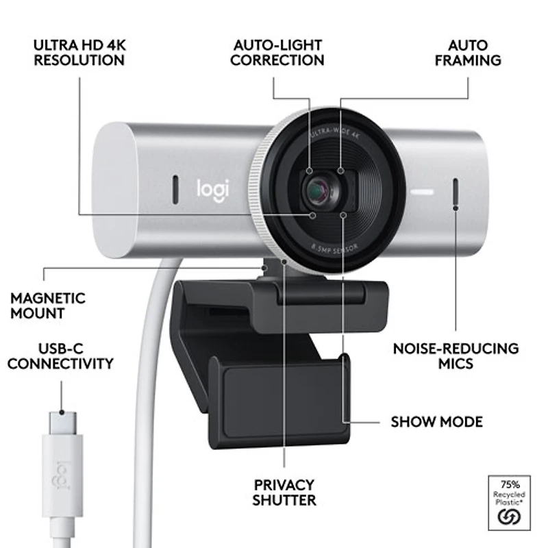 Caméra Web Ultra HD 4K MX Brio de Logitech - Gris pâle