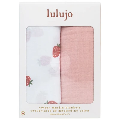 Couvertures Ã  emmailloter en mousseline de Lulujo - Paquet de 2 - Fraises/Ballerine