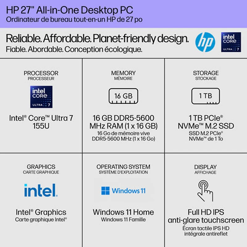 Ordinateur tout-en-un de 27 po de HP (Core Ultra 7 155U d'Intel/SSD 1 To/RAM 16 Go/Windows 11) - Exclusivité Best Buy