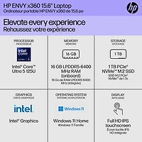 Portable à écran tactile 2-en-1 Envy x360 de 15,6 po de HP - Argenté minéral (Core Ultra 5 125U d'Intel/SSD 1 To/RAM 16 Go)