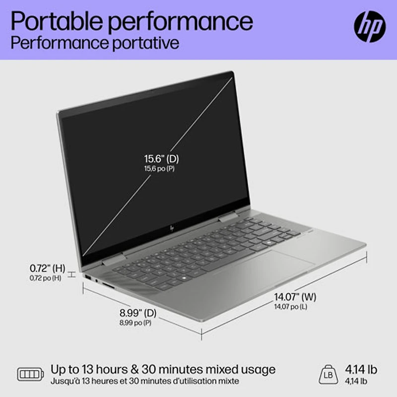 Portable à écran tactile 2-en-1 Envy x360 de 15,6 po de HP - Argenté minéral (Core Ultra 5 125U d'Intel/SSD 1 To/RAM 16 Go)