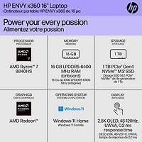 Portable 2-en-1 à écran tactile 16 po Envy x360 de HP - Argent météore (Ryzen 7 8840HS d'AMD/SSD 1 To/RAM 16 Go/Windows 11)