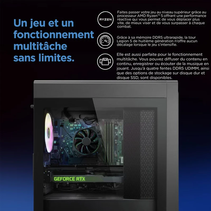 Ordinateur de jeu Legion Tower 5 de Lenovo - Gris tempête (Ryzen 5 7600 d'AMD/RAM 16 Go/SSD 512 Go/RTX 4060/Windows 11)