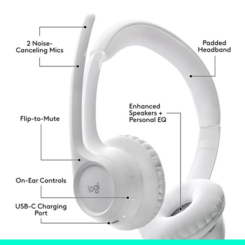 Casque d'écoute sans fil Bluetooth Zone 300 avec microphone à suppression du bruit de Logitech - Blanc cassé