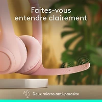 Casque d'écoute sans fil Bluetooth Zone 300 avec microphone à suppression du bruit de Logitech - Rose